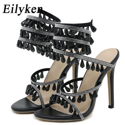 Eilyken Crystal Rhinestone Stiletto Sandals – Women's Wrap Strap Heels