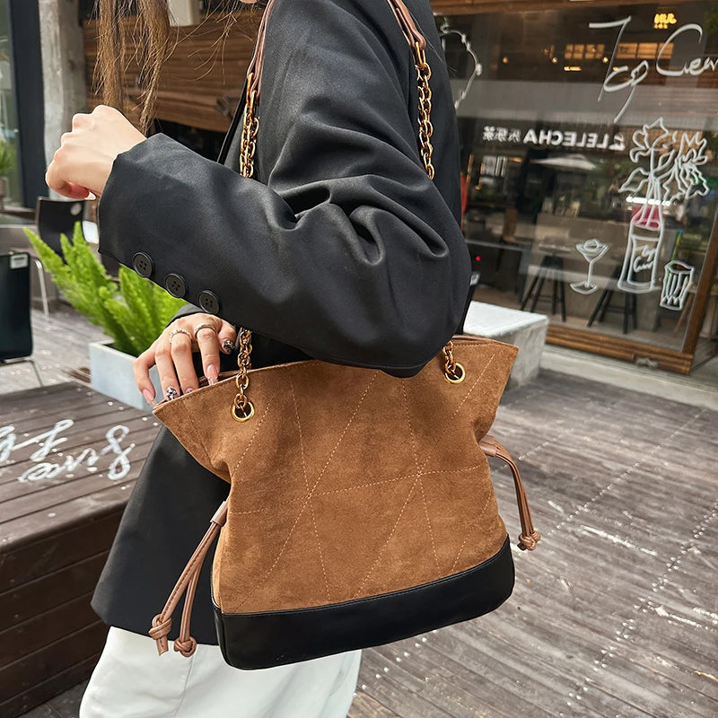 Faux Suede Tote Bag – Women's Chain Shoulder Handbag
