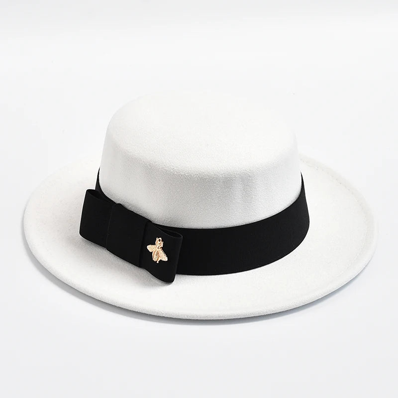 Women's Flat Top Fedora Hat – Bow & Bee Pin, Church & Party
