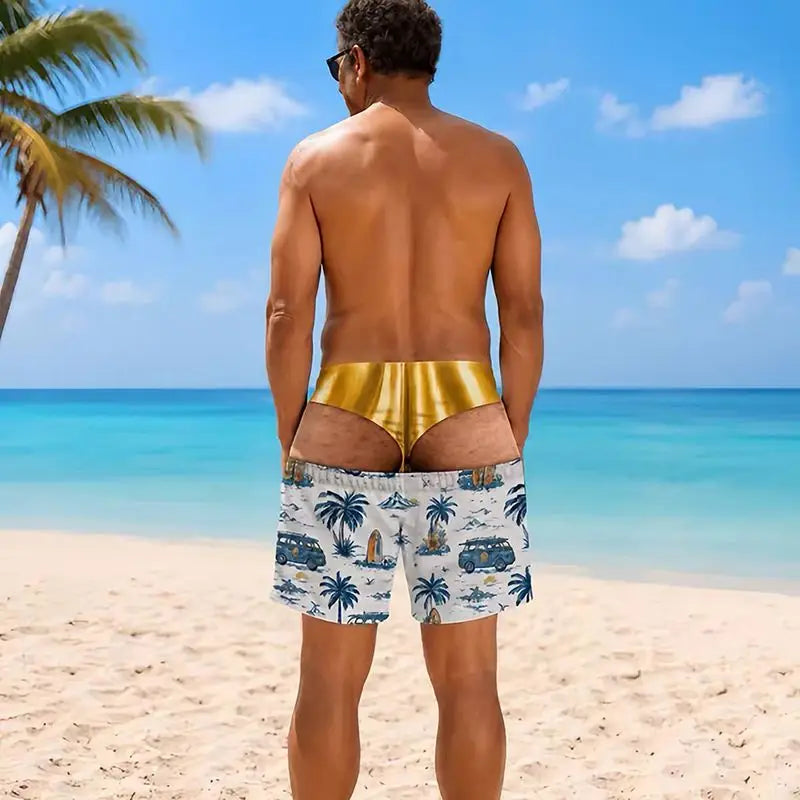 Funny Fake Two-Piece Men's Beach Shorts – Optical Illusion Thong Print Boardshorts