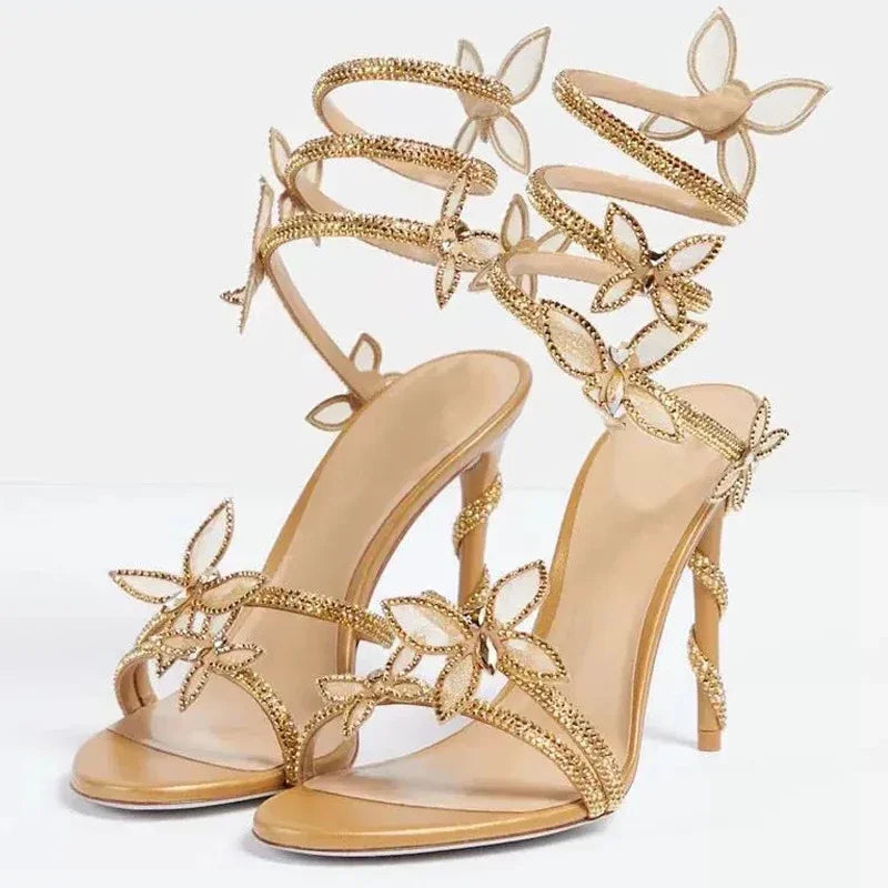 Eilyken Crystal Butterfly Wrap Ankle Strap Stiletto Sandals – Women's Open Toe Heels