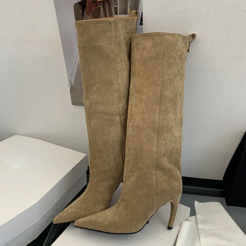 Eilyken Women Knee-High Stiletto Boots – Pointed Toe Suede
