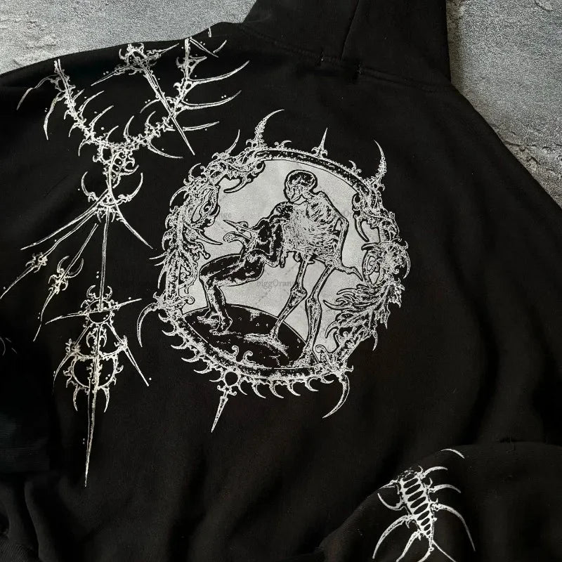 Y2K Gothic Graphic Hoodie Women Harajuku Streetwear Loose Zip-Up Sweatshirt