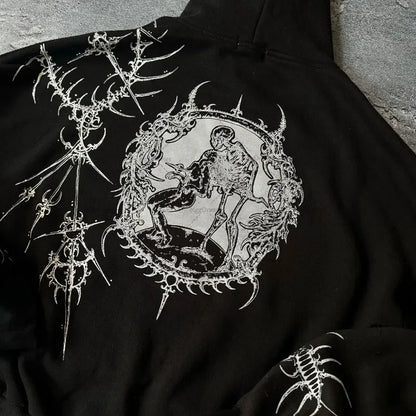 Y2K Gothic Graphic Hoodie Women Harajuku Streetwear Loose Zip-Up Sweatshirt