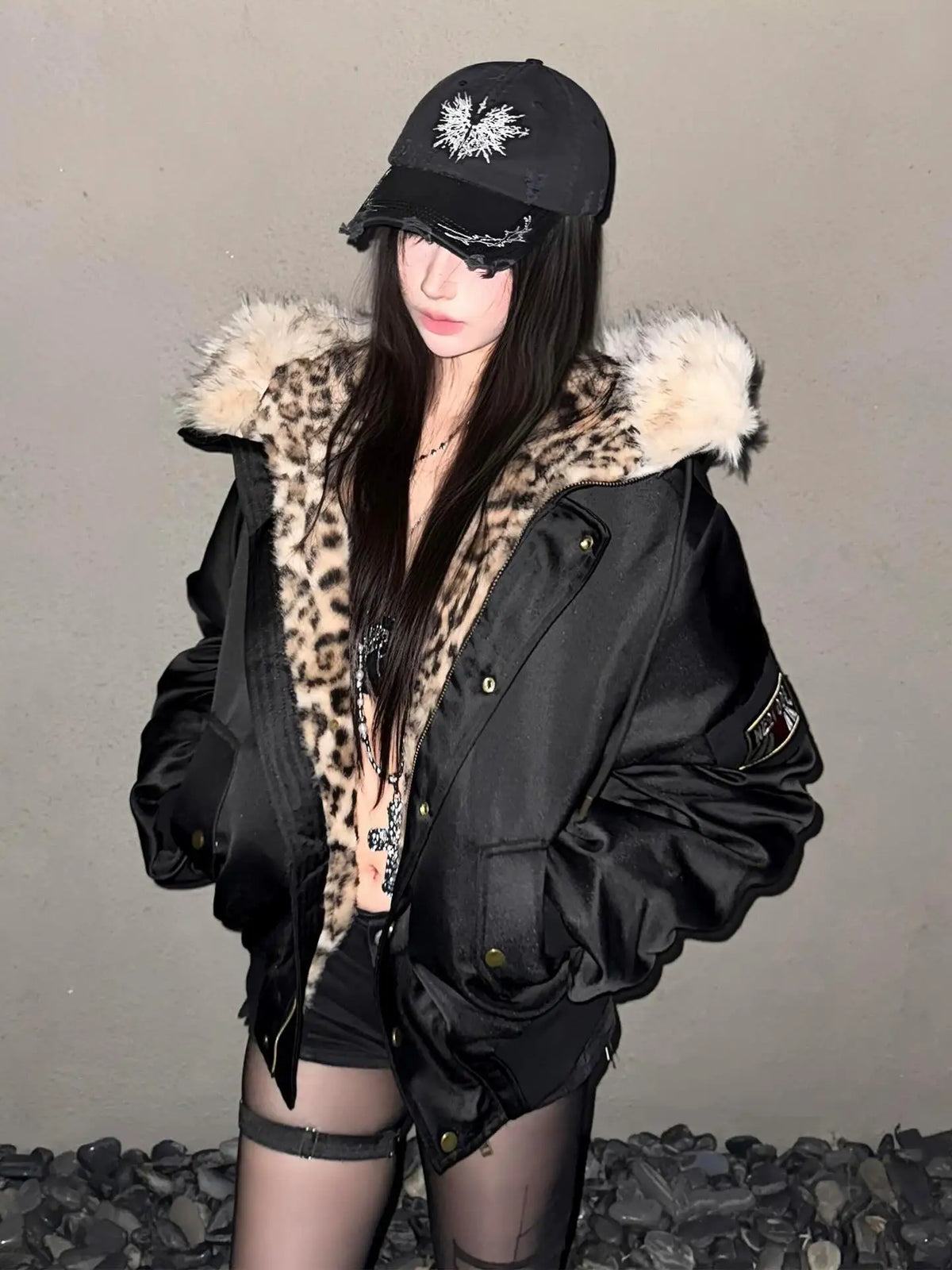 Harajuku Retro Oversized Jacket – Plush Fur Hood Leopard Lining