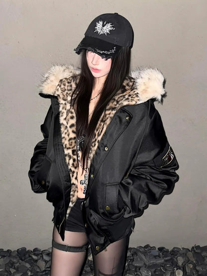 Harajuku Retro Oversized Jacket – Plush Fur Hood Leopard Lining