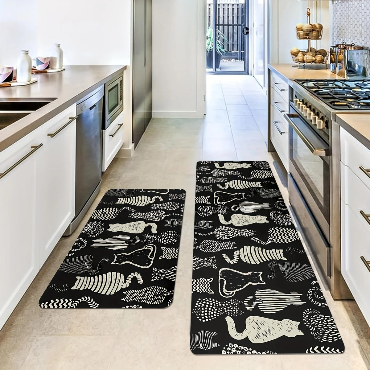 Black Cat Kitchen Rug Set of 2 – Non-Slip Washable Floor Mats