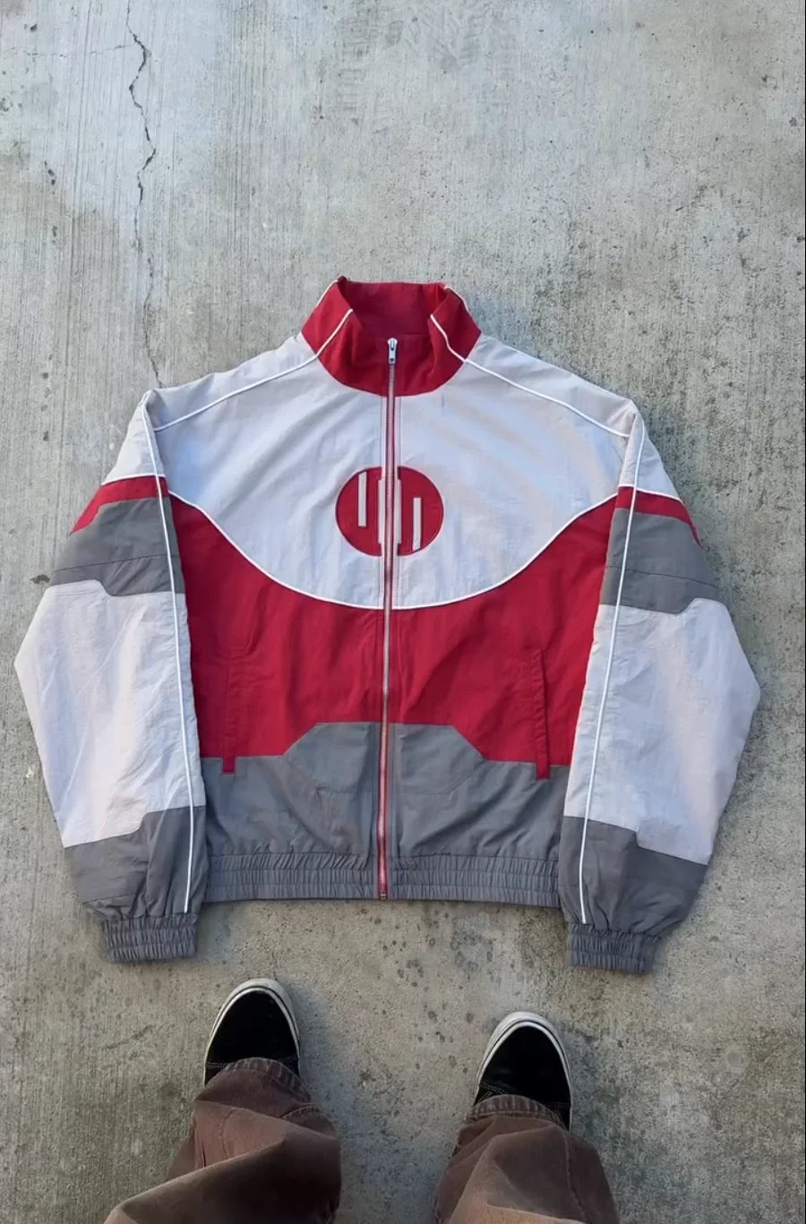 Mens Jacket Harajuku Y2k Red White Spliced Racing Pants Oversized Zip Windproof Casual Sports Unisex