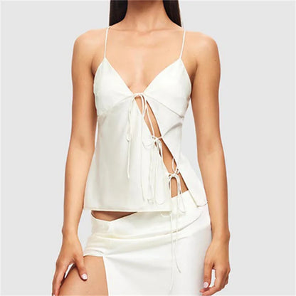 Female Satin Chic Tie Up Hollow Out Crop Top Women Summer Spaghetti Strap Backless Slim Party Tank