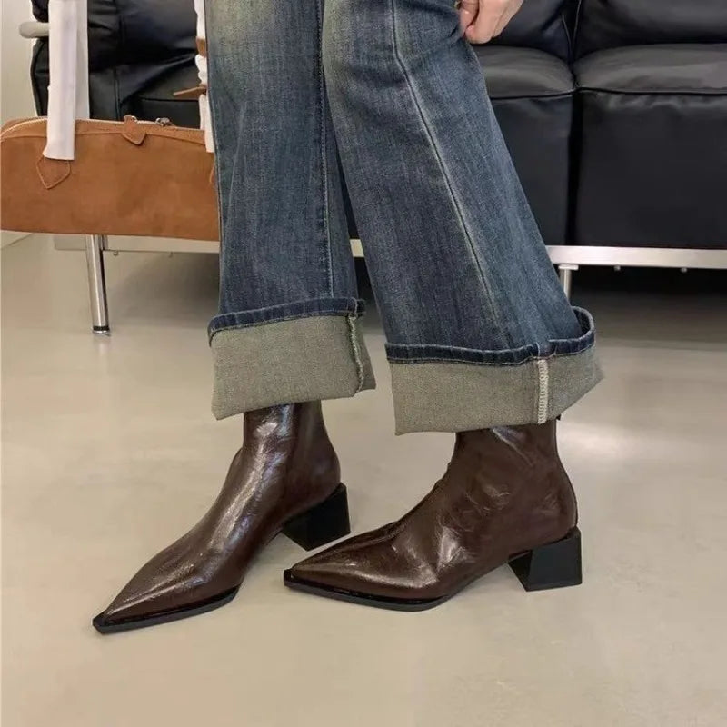 Women's Pointed Toe Ankle Boots – Square Mid Heel Short Boots