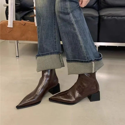 Women's Pointed Toe Ankle Boots – Square Mid Heel Short Boots