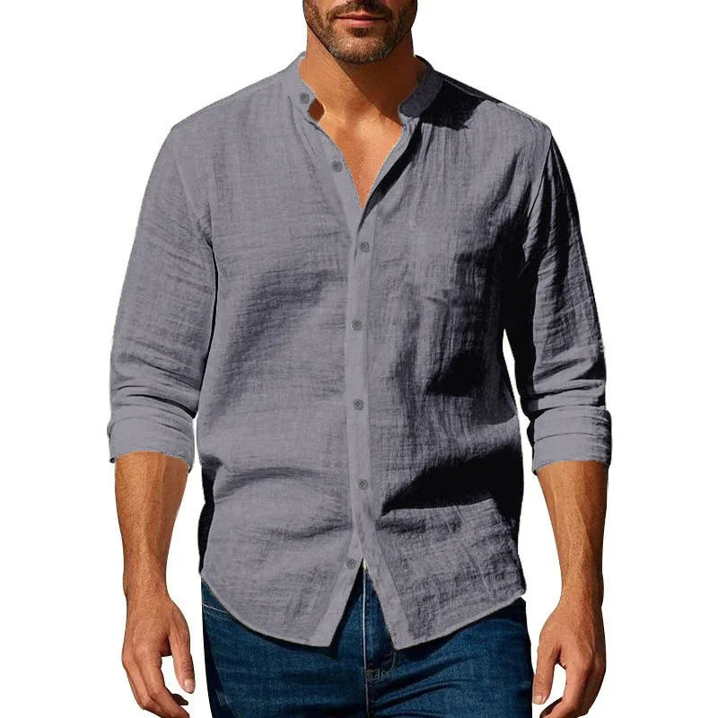 Men's Cotton Linen Long Sleeve Shirt – Slim Fit Henley Button-Up