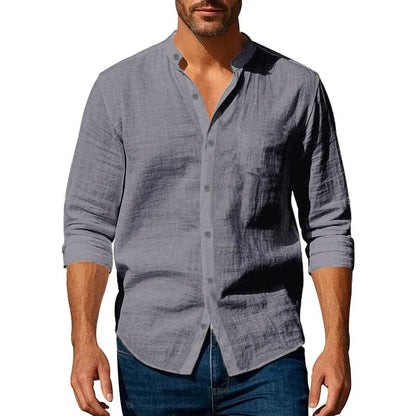 Men's Cotton Linen Long Sleeve Shirt – Slim Fit Henley Button-Up