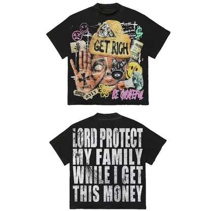 Men S Y2k Pattern T-Shirt Get Rich God Bless Your Family Slogan Street Style Short-Sleeved Shirt