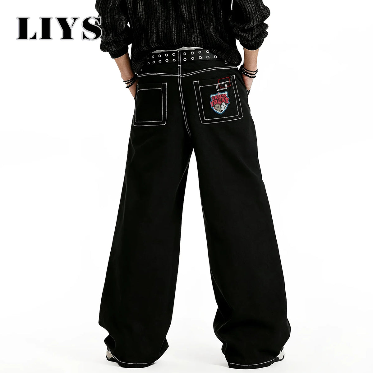 Y2K Embroidered Baggy Wide Leg Black Jeans – Hip-Hop Streetwear Denim