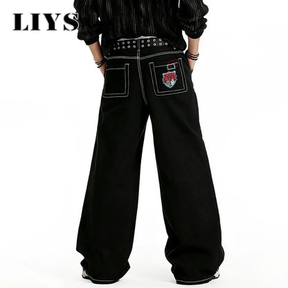 Y2K Embroidered Baggy Wide Leg Black Jeans – Hip-Hop Streetwear Denim