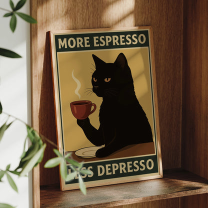 More Espresso Less Depresso Black Cat Wall Art Print