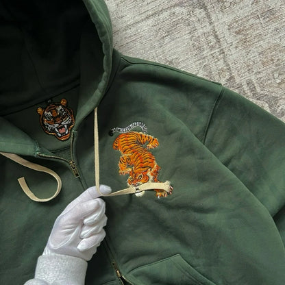 Tiger Embroidered Double Zip Hoodie – Unisex Y2K Streetwear