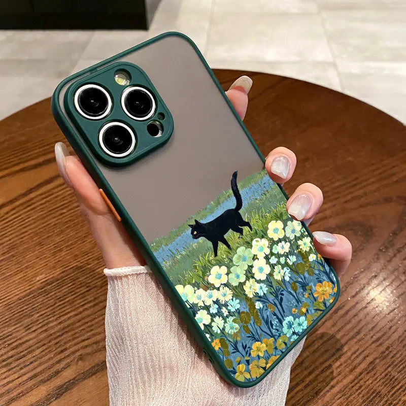 Anime Black Cat Floral iPhone Case – iPhone 11 to 17 Pro Max