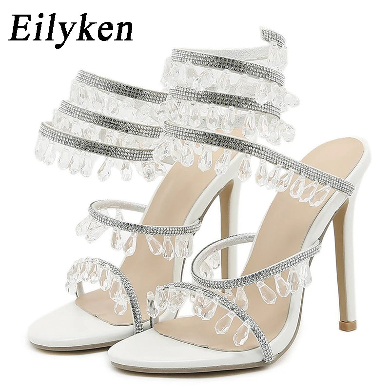 Eilyken Crystal Rhinestone Stiletto Sandals – Women's Wrap Strap Heels