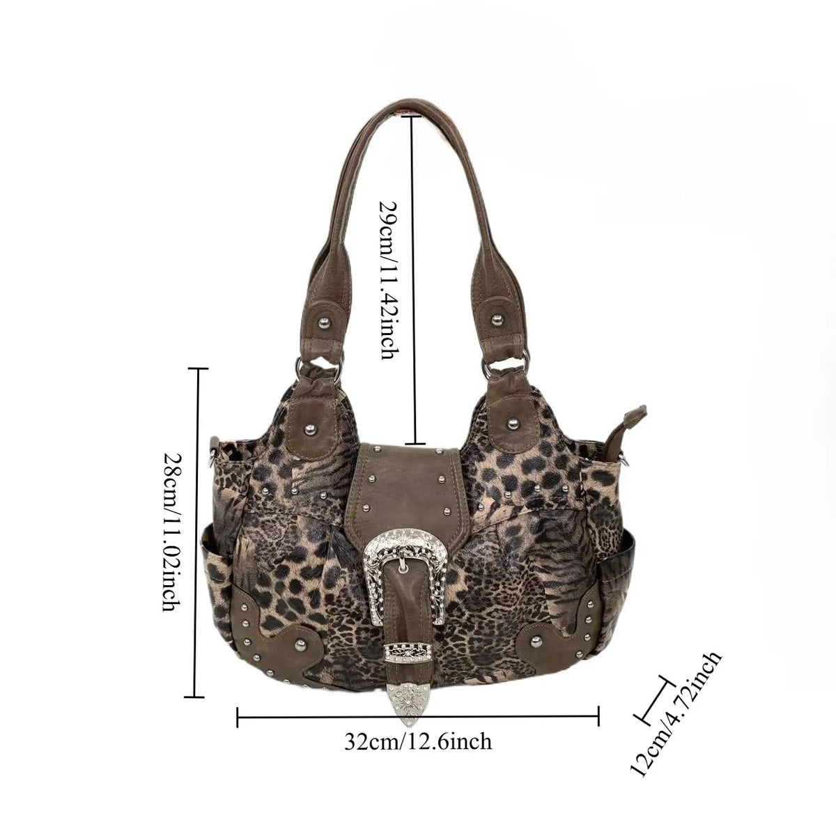 Y2K Leopard Patchwork Rivet Crossbody Tote Bag