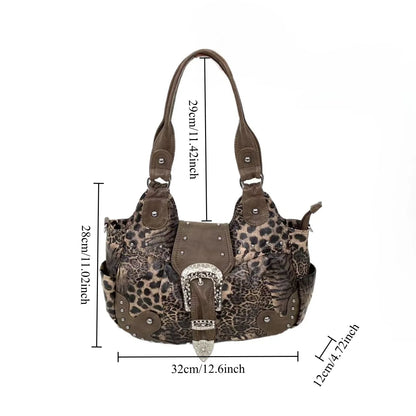 Y2K Leopard Patchwork Rivet Crossbody Tote Bag