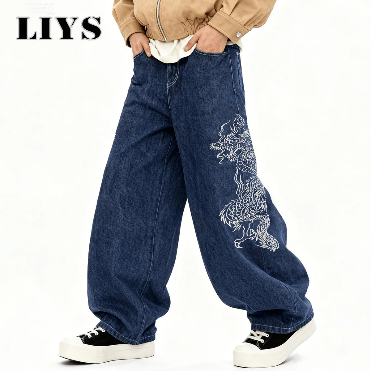 Dragon Embroidery Baggy Wide Leg Jeans for Men