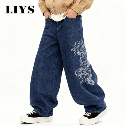 Dragon Embroidery Baggy Wide Leg Jeans for Men