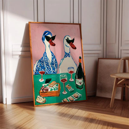 Duck Wine Party Art Print – Quirky Animal Poster for Kitchen & Dining Room