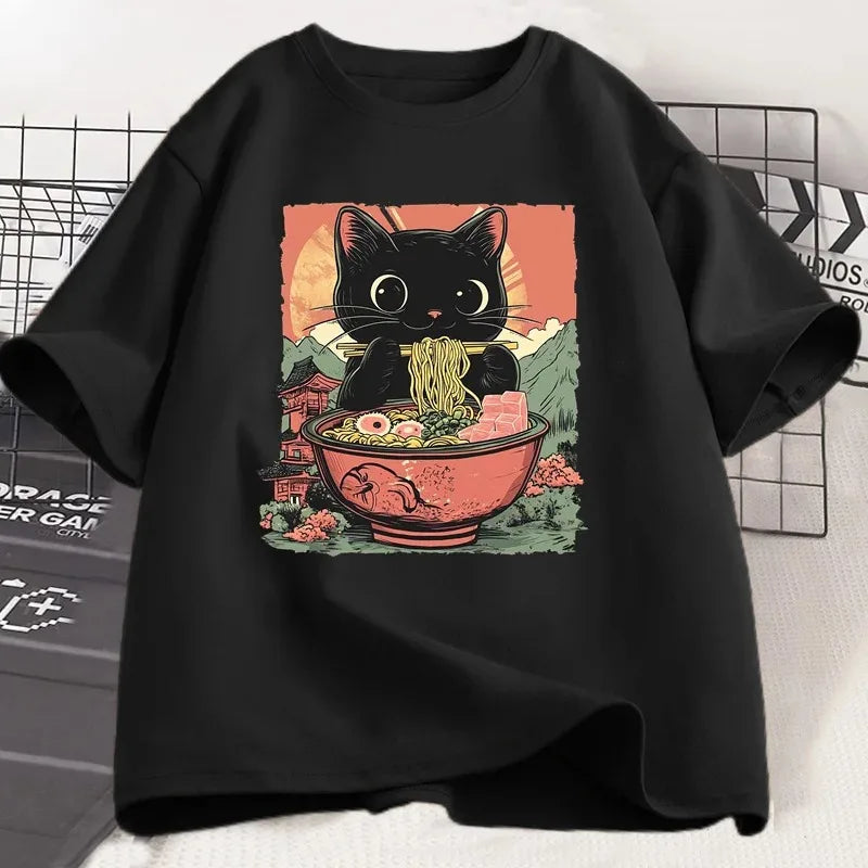 Black Cat Ramen T-Shirt – Women's Harajuku Graphic Tee