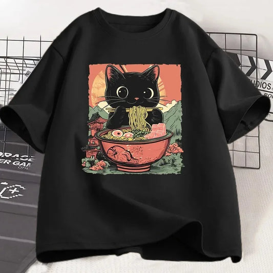 Black Cat Ramen T-Shirt – Women's Harajuku Graphic Tee