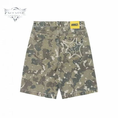 Mens Denim Shorts Vintage Camo Embroidery Protect Streetwear Harajuku Unisex Loose Fit Washed Five