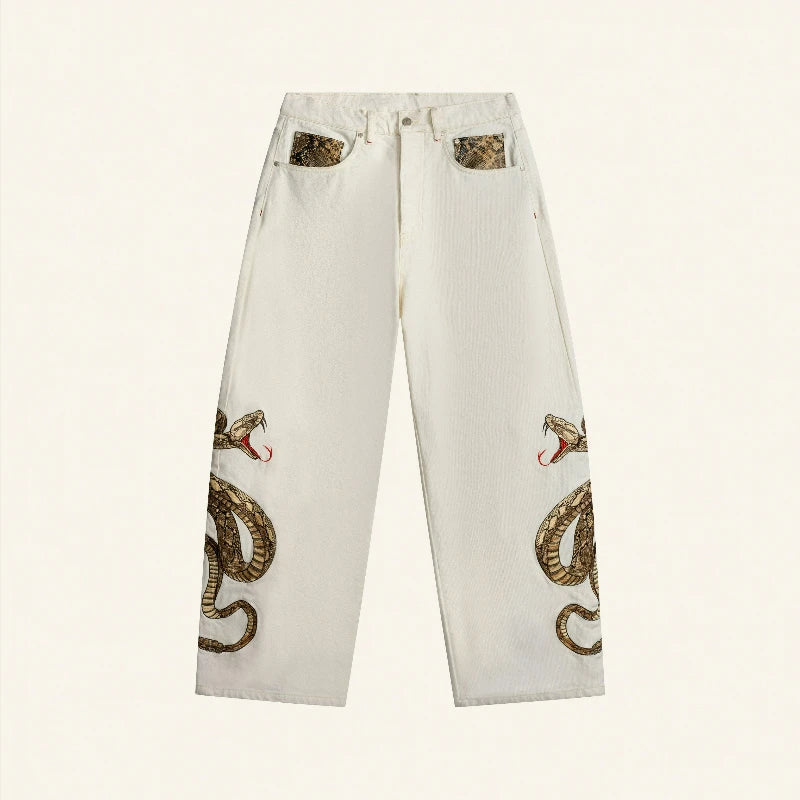 Y2K Snake Embroidery White Baggy Jeans – Unisex Wide Leg Denim
