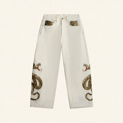 Y2K Snake Embroidery White Baggy Jeans – Unisex Wide Leg Denim