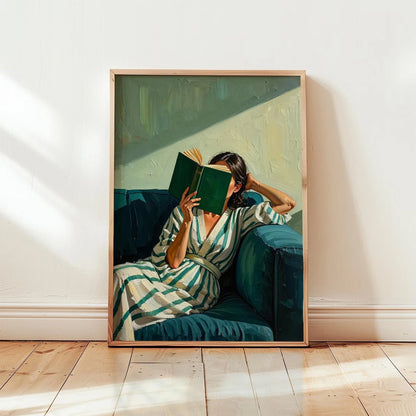 Reading Woman Wall Art Print – Emerald Green Abstract Portrait Poster
