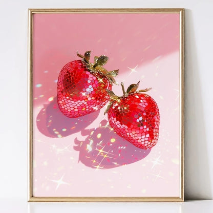 Disco Strawberry Wall Art Print – Pink Glitter Fruit Poster