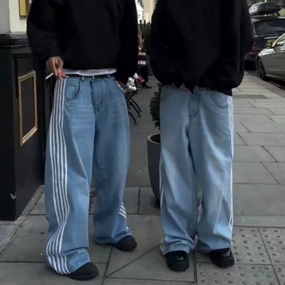 Y2K Baggy Wide-Leg Jeans with Side Stripe – Harajuku Streetwear