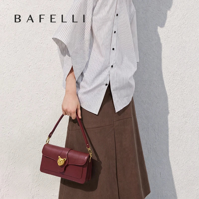 Leather Baguette Crossbody Shoulder Bag with Cat Clasp