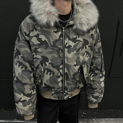 Camouflage Men's Winter Puffer Jacket – Fur Collar Hooded Cotton Coat