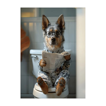 Funny Dog Bathroom Poster – Dog Reading Newspaper on Toilet Wall Art