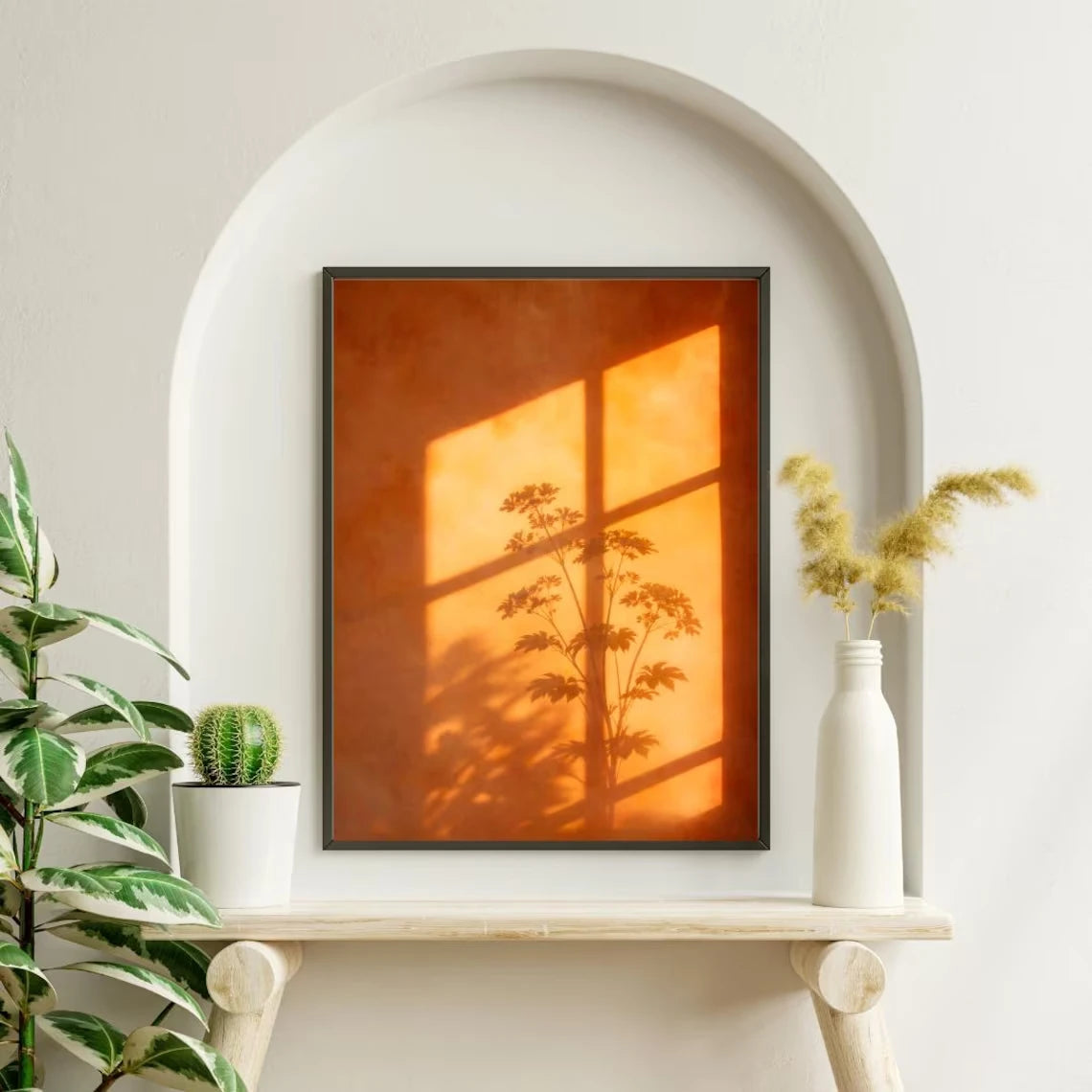 Botanical Window Shadow Canvas Wall Art – Terracotta Sunset Print