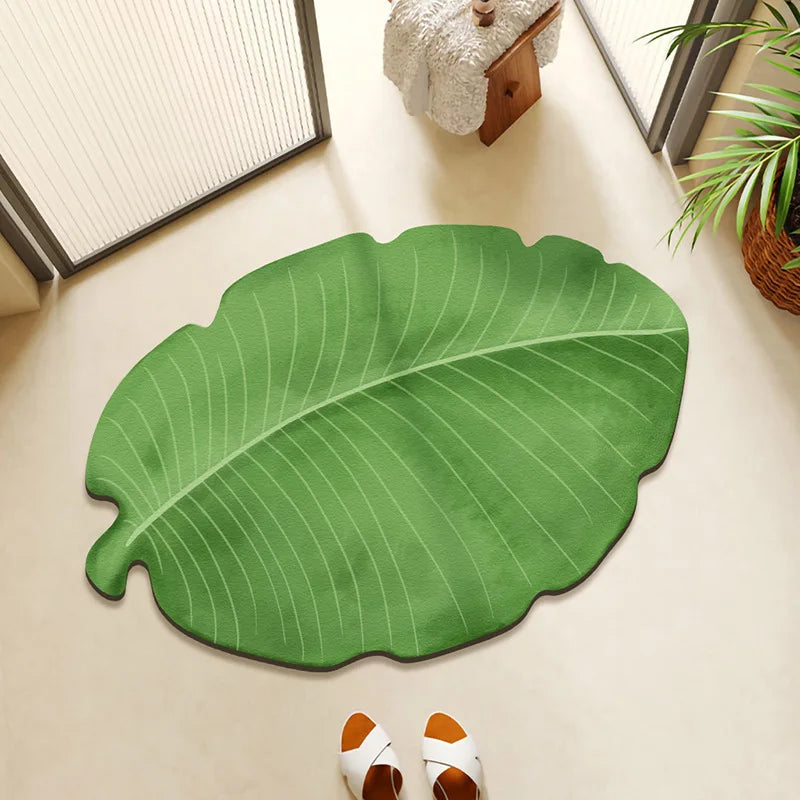 Green Leaf Shaped Bathroom Mat – Absorbent Anti-Slip Diatom Mud Floor Mat
