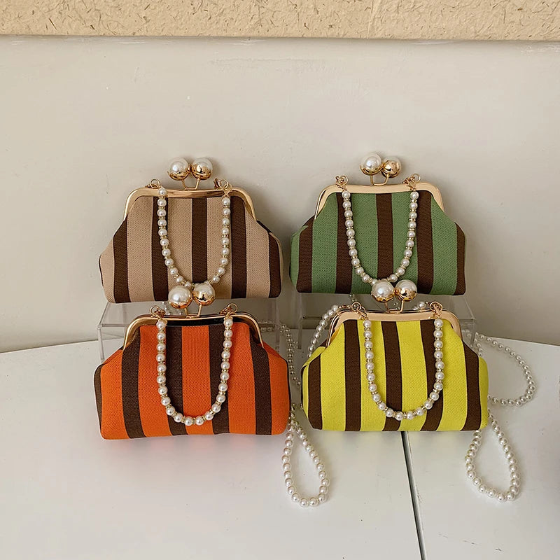 Pearl Chain Kisslock Handbag – Striped Fabric Evening Bag
