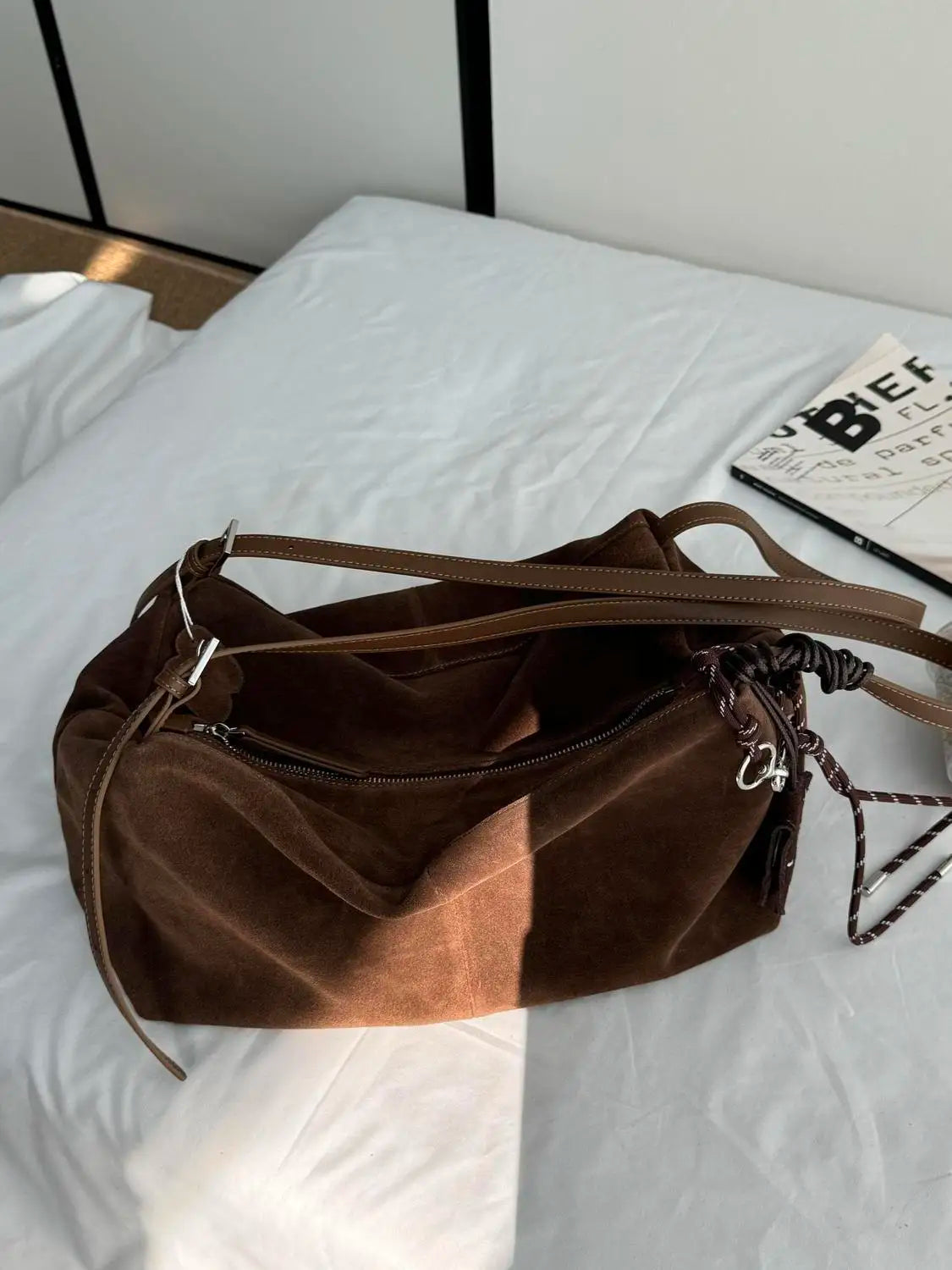 Vintage Large Capacity Tote Bag Women Retro Suede Casual Shoulder Bags