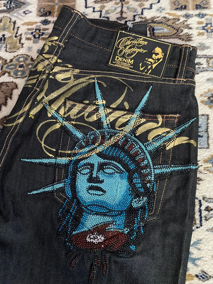 Rhinestone Embroidered Wide-Leg Jeans – Women's Harajuku Baggy Denim