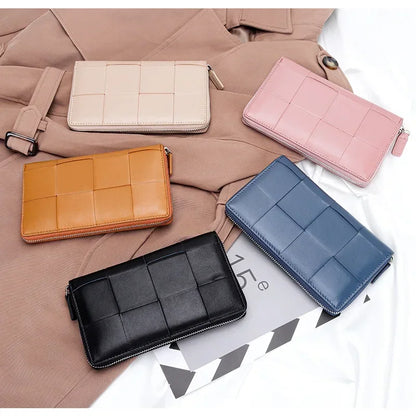 Genuine Leather Women's Long Wallet – Woven Zipper Clutch