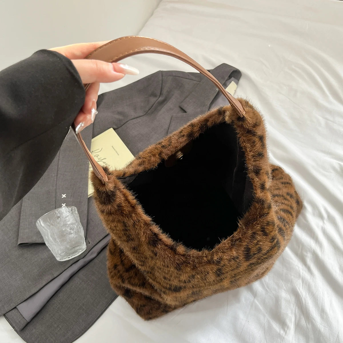 Leftside Soft Warm Faux Fur Leopard Shoulder Bags Women Winter Korean Handbags Trend Hobo Bag - Soft