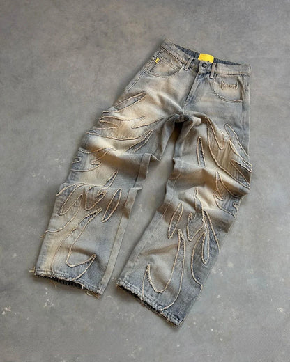 Raw Edge Patchwork Baggy Jeans – Unisex Y2K Hip Hop Streetwear