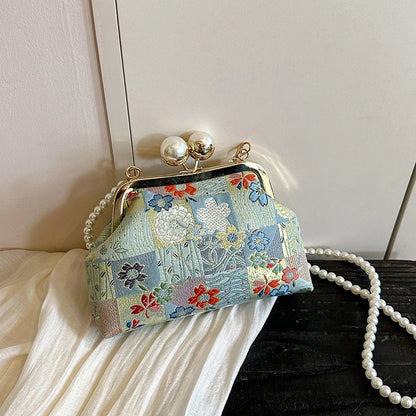 Floral Embroidery Kiss-Lock Shoulder Bag with Pearl Chain