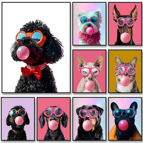 Funny Dog Bubble Gum Poster – Pomeranian with Pink Glasses Wall Art Print